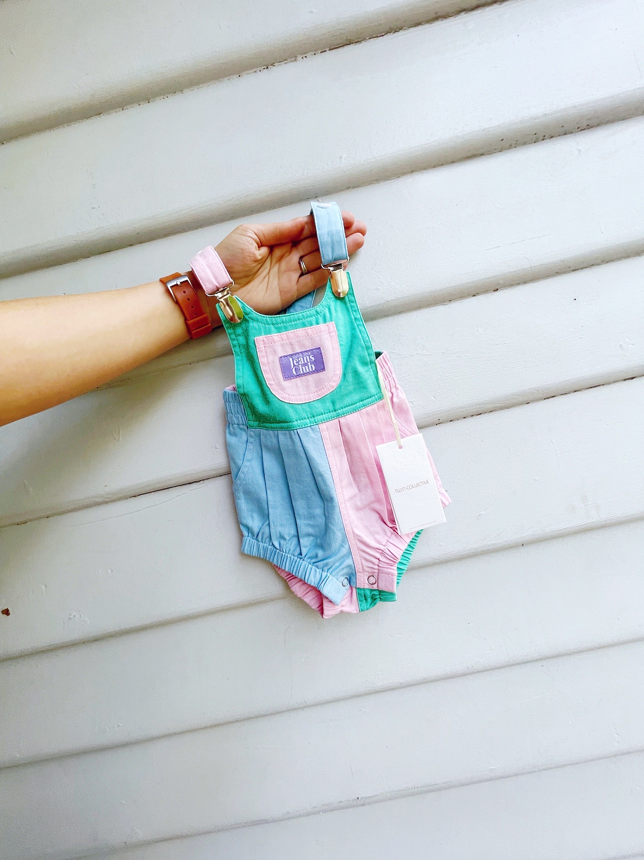 ga【TWIN COLLECTIVE × bamlovesboo】Over Bowie Bubble Romper | Blue Denim kids overalls | Bam Loves Boo